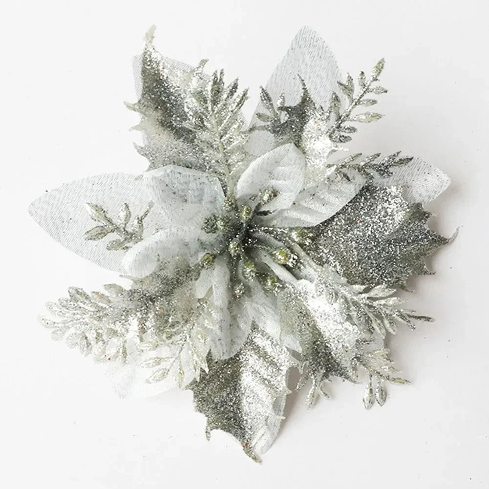 Christmas Glitter Poinsettia Flower Ornament | Xmas Tree Decor