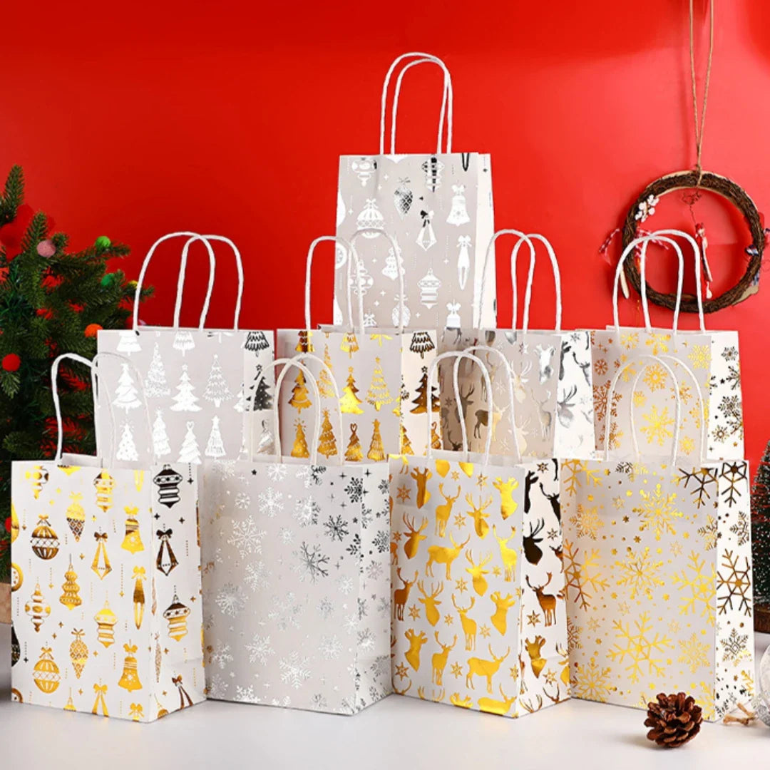 Christmas White Kraft Gift Bag – Snowflake & Reindeer Pattern