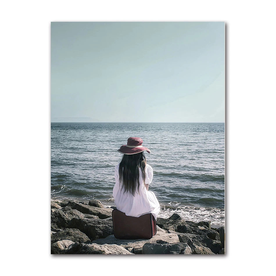 Scandinavian Ocean Beach Pink Bus Canvas Wall Art | Nordic Print