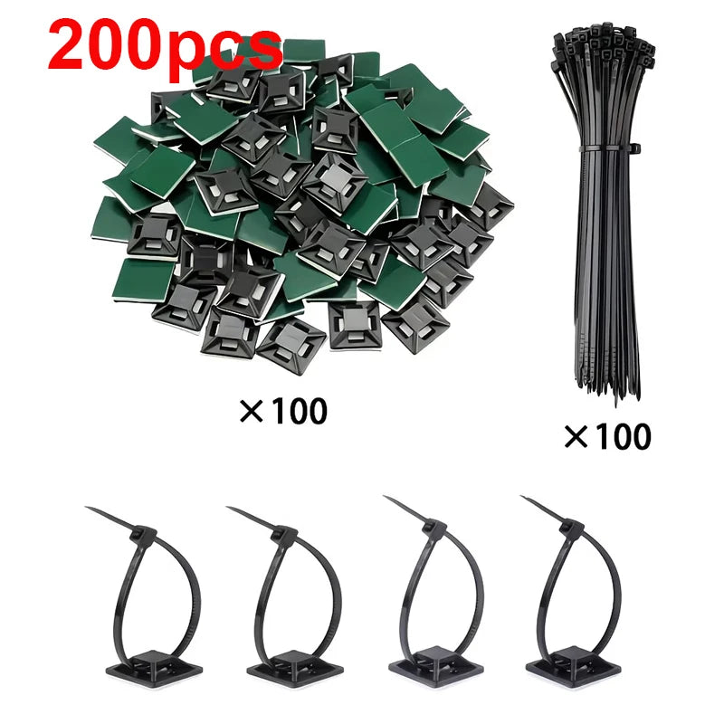 200-piece Self-adhesive Cable Tie Holders Management Clips Wall