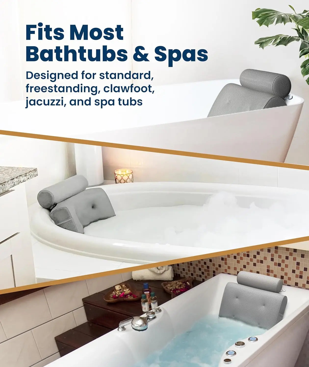 Luxury Bathtub Pillow – Head & Neck Support, 4 Suction Cups, Side Pocket Peaceful Pleasures Health and Wellness