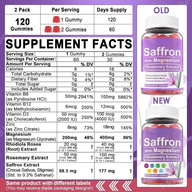 Saffron Gummies 4-Month Supply | Magnesium B6 B12 D3 Sugar-Free