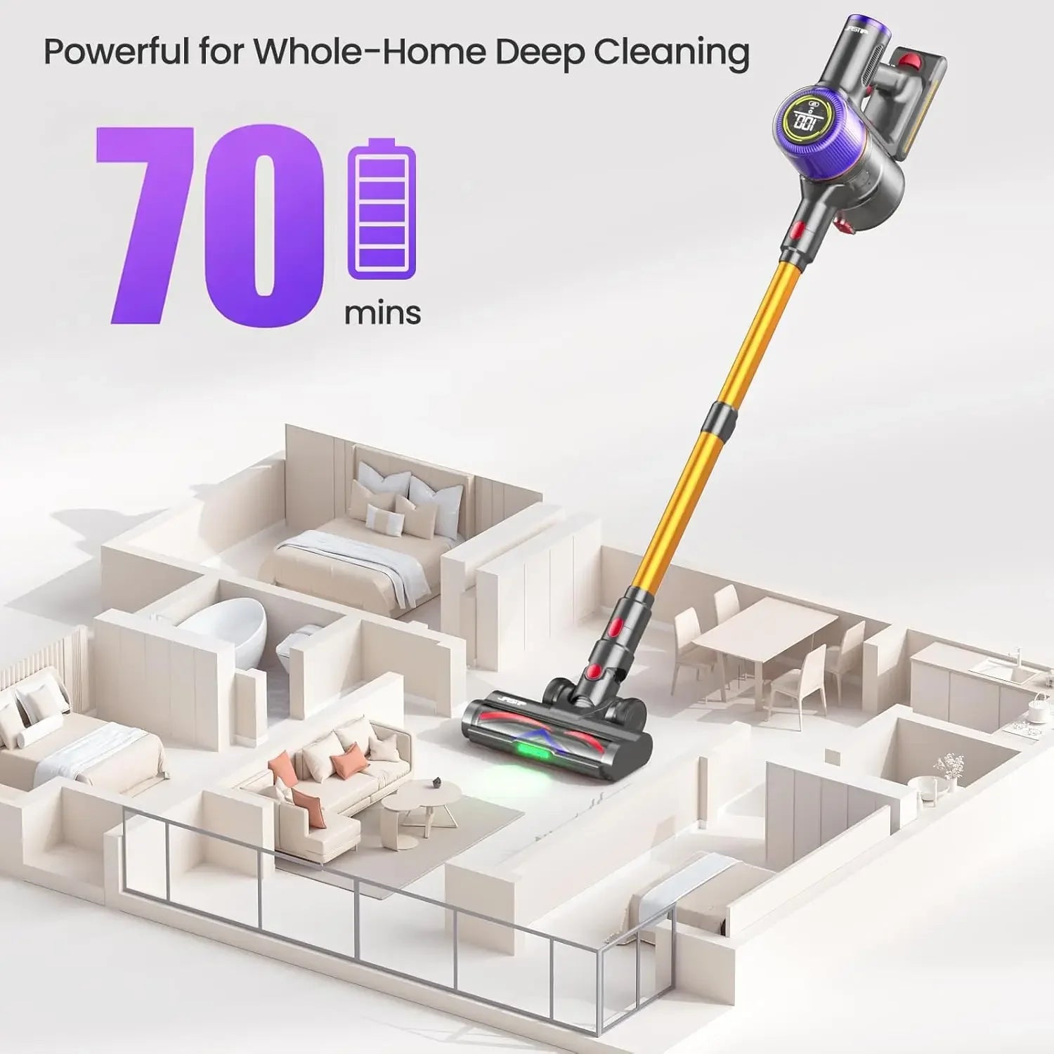 Powerful Cordless Vacuum Cleaner with 70 Min Runtime, Touchscreen & Anti-Tangle Brush for Home Floors and Pet Hair Peaceful Pleasures Health and Wellness