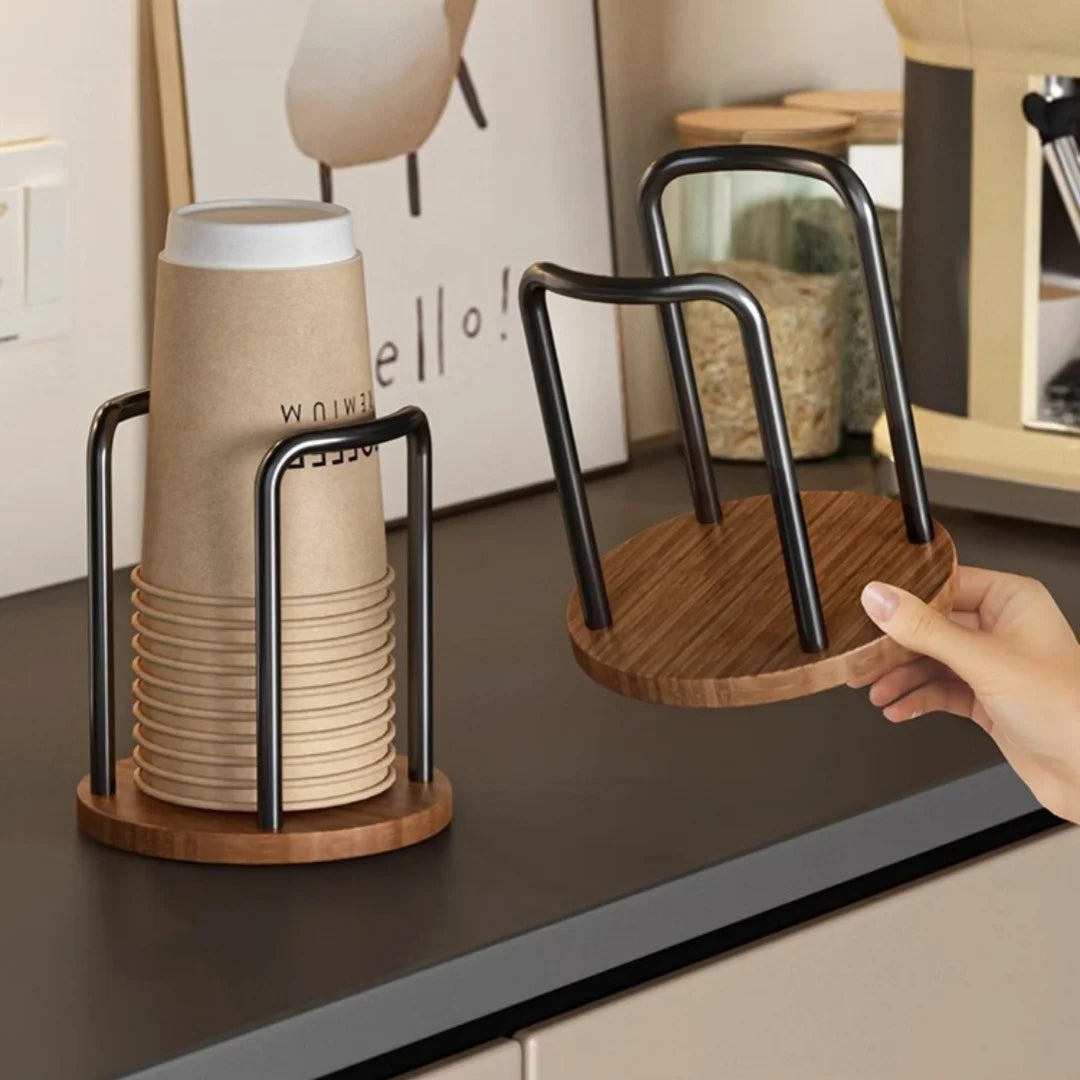 Coffee Cup Dispenser Rack Wood Base & Lid Organizer