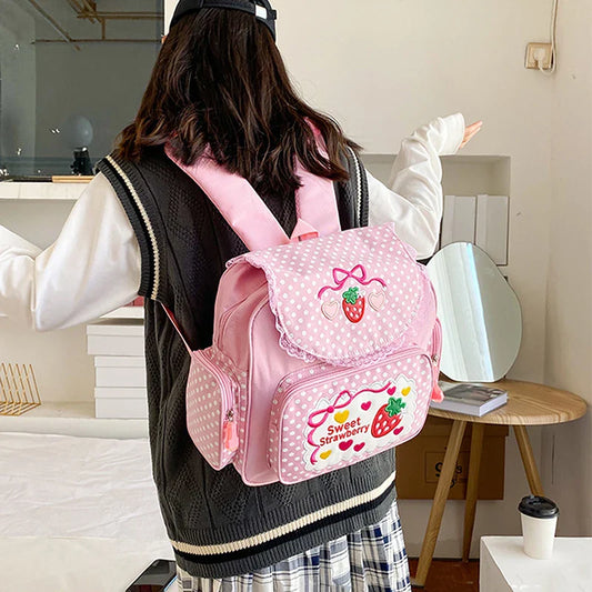 Girls Pink Strawberry Embroidery Canvas Backpack | Kids School Bag Kids Canvas Backpack Oasis Select
