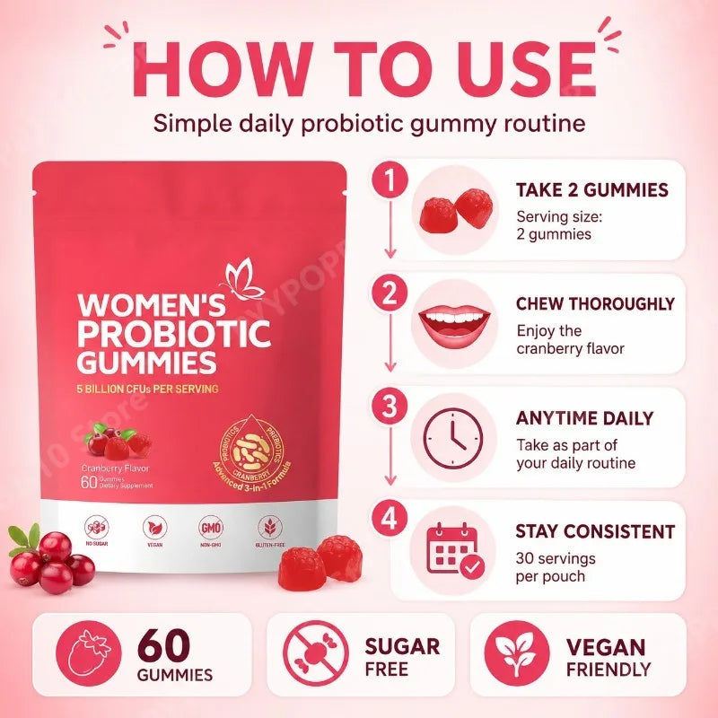 Women's Probiotic Gummies 5B CFUs Cranberry Prebiotic 60ct