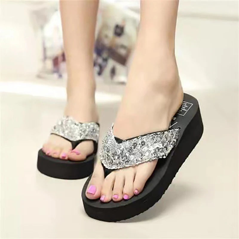 Women's Sequin Platform Flip Flops – Beach Thong Sandals