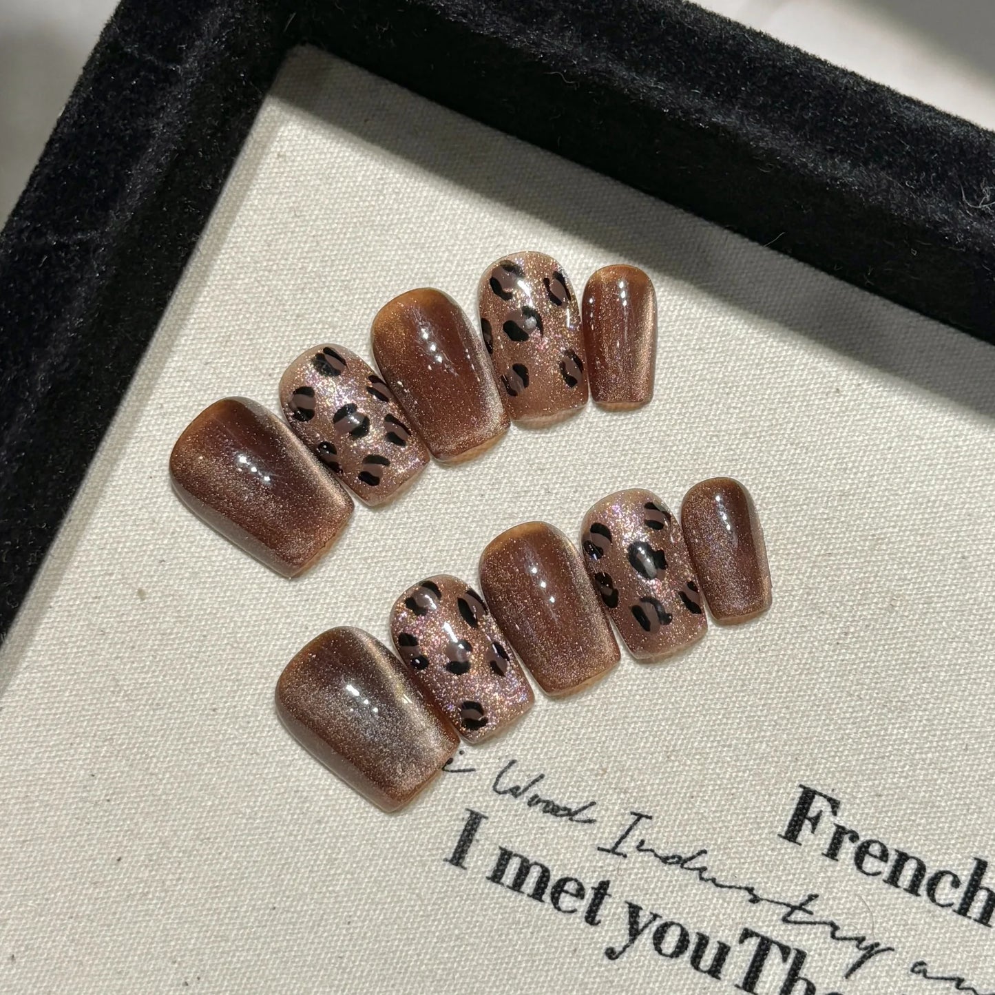 Handmade Press on Nails Gold Brown Leopard Print False Nails with Crystal Cat Eye Champagne Diamond Sweet Cool Fake Nail Tips Peaceful Pleasures Health and Wellness S