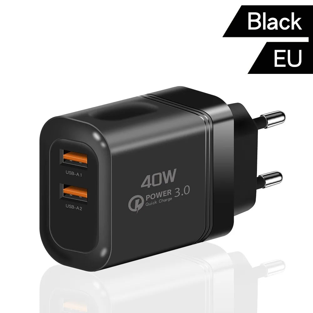 40W Dual USB Fast Charger QC 3.0 3.1A High Power Quick Charge Adapter for iPhone Samsung Xiaomi Huawei Global Universal EU/US Peaceful Pleasures Health and Wellness Black EU