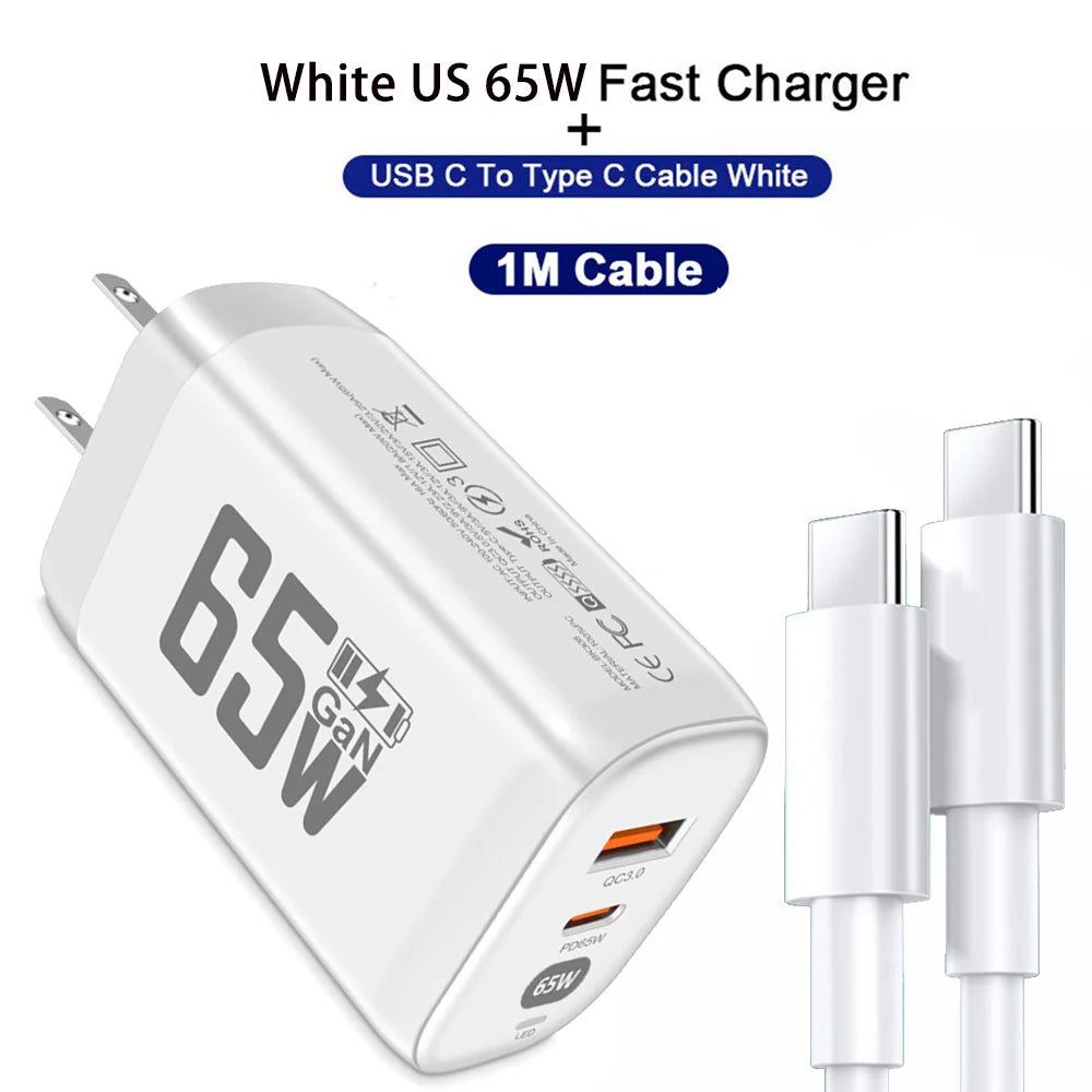 GaN 65W Fast Charger 2-Port PD QC3.0 USB Type C Wall Charger EU Plug Adapter for Laptop iPhone 15 Samsung Xiaomi Peaceful Pleasures Health and Wellness White US 1M Cable