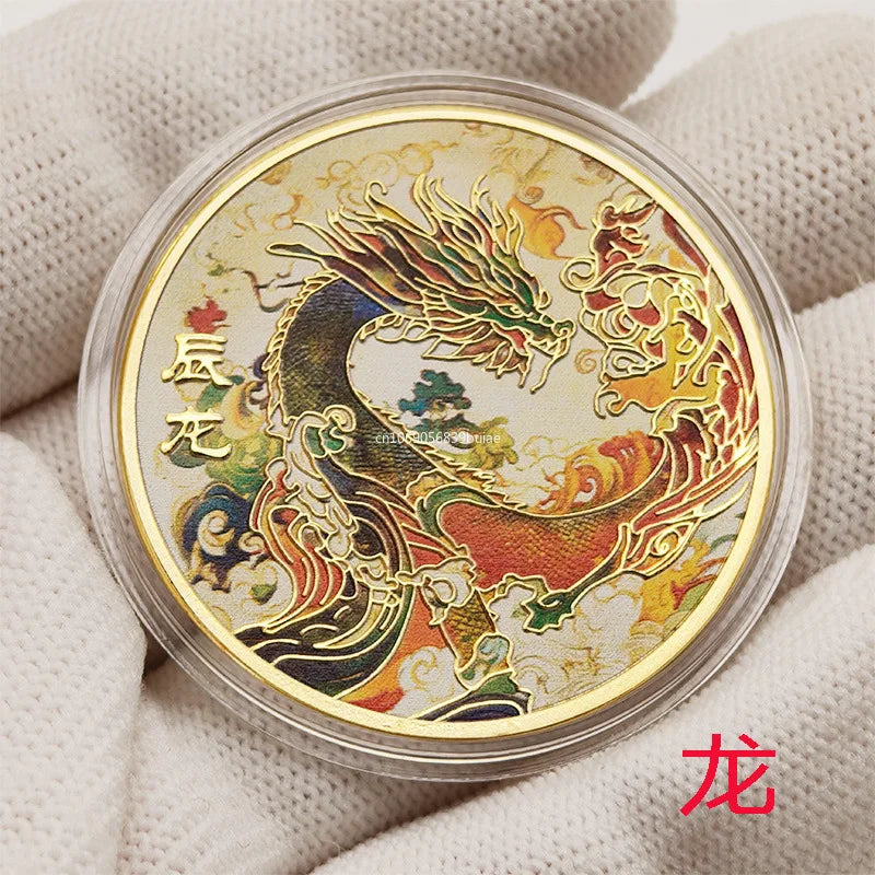 1PCS Colorful Twelve Zodiac Commemorative Medals Golden Coins Pig Dog Chicken Monkey Sheep Snake Horse Dragon Tiger Rabbit Gifts Peaceful Pleasures Health and Wellness
