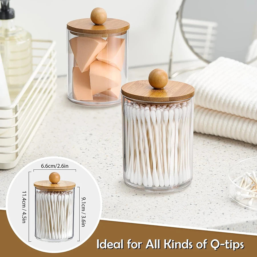 Qtip Holder Clear Apothecary Jar with Bamboo Lid – 10oz Bathroom Organizer Storage Container for Cotton Pads & Swabs