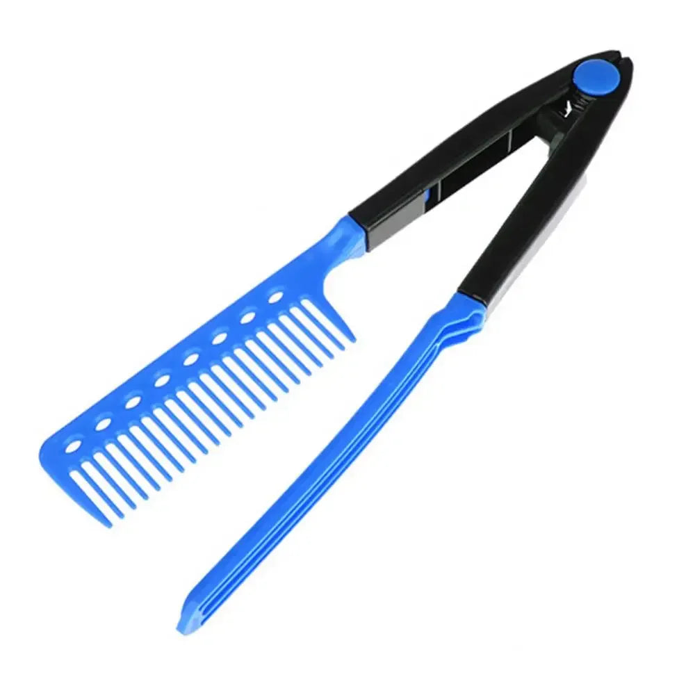 1pcs Folding V Type Hair Straightener Brush DIY Hairdress Tool Hairdressing Combs Natural Hair Styling Curling Comb Hair Peaceful Pleasures Health and Wellness blue