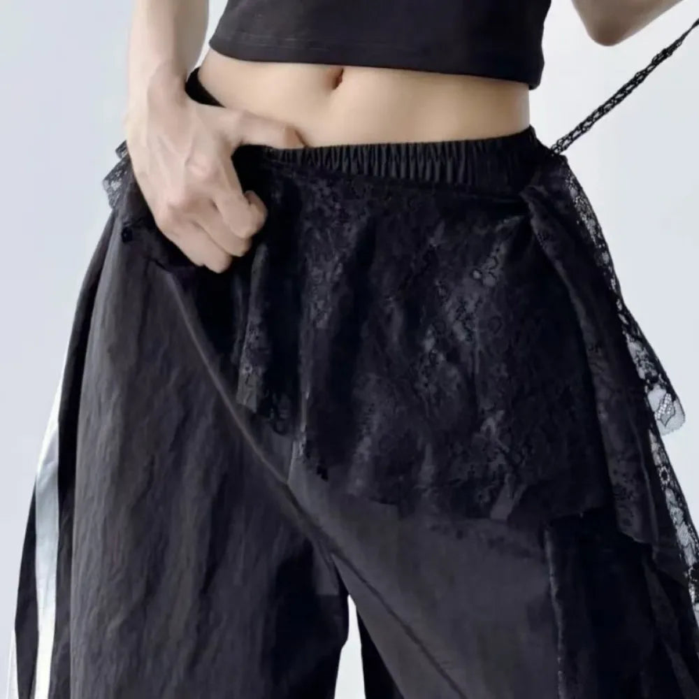 Y2K Embroidered Lace Mini Skirt – Ruched Lace-Up Streetwear Lace Mini Skirt Peaceful Pleasures Health and Wellness Black