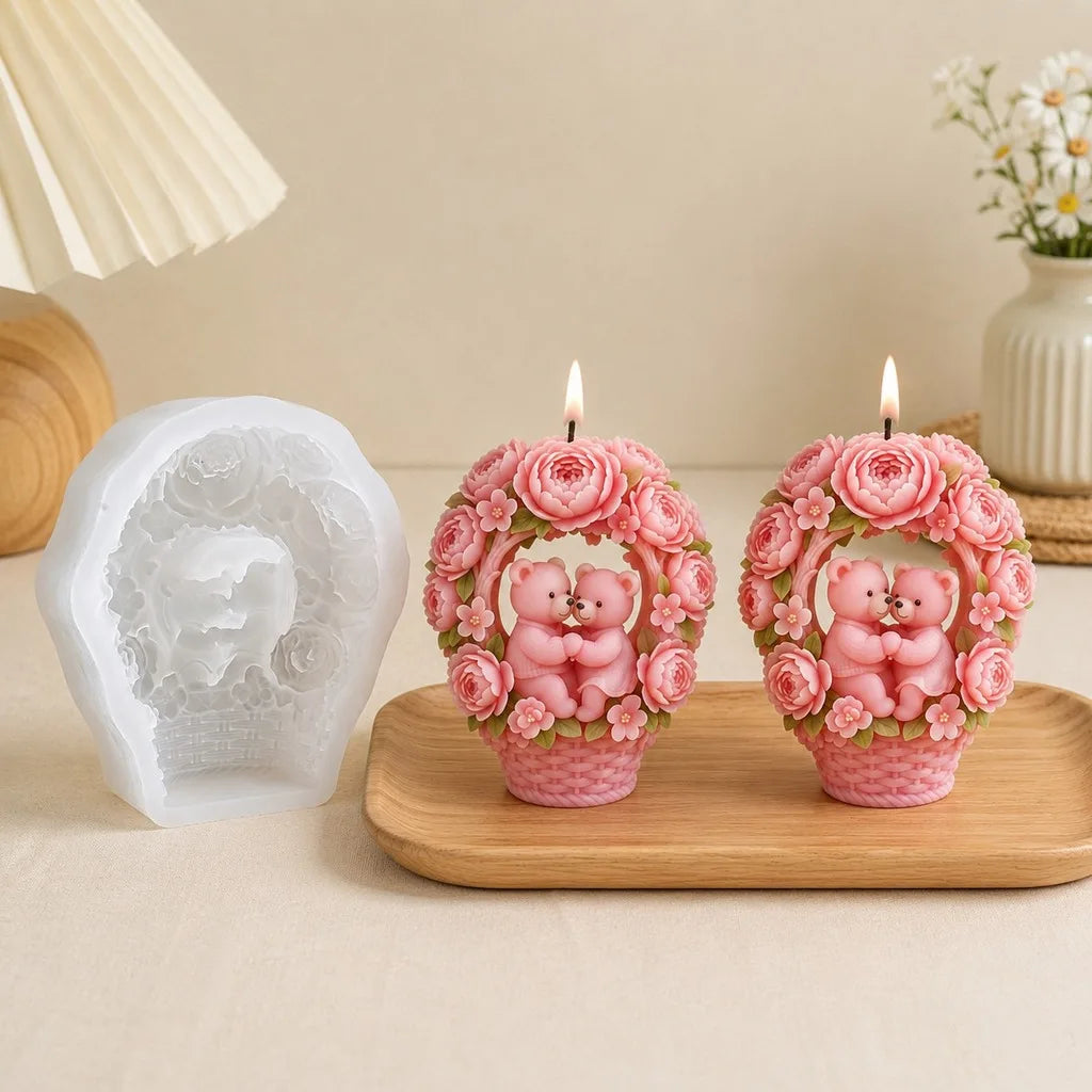 3D Hugging Bears Flower Basket Silicone Mold | Candle & Soap DIY