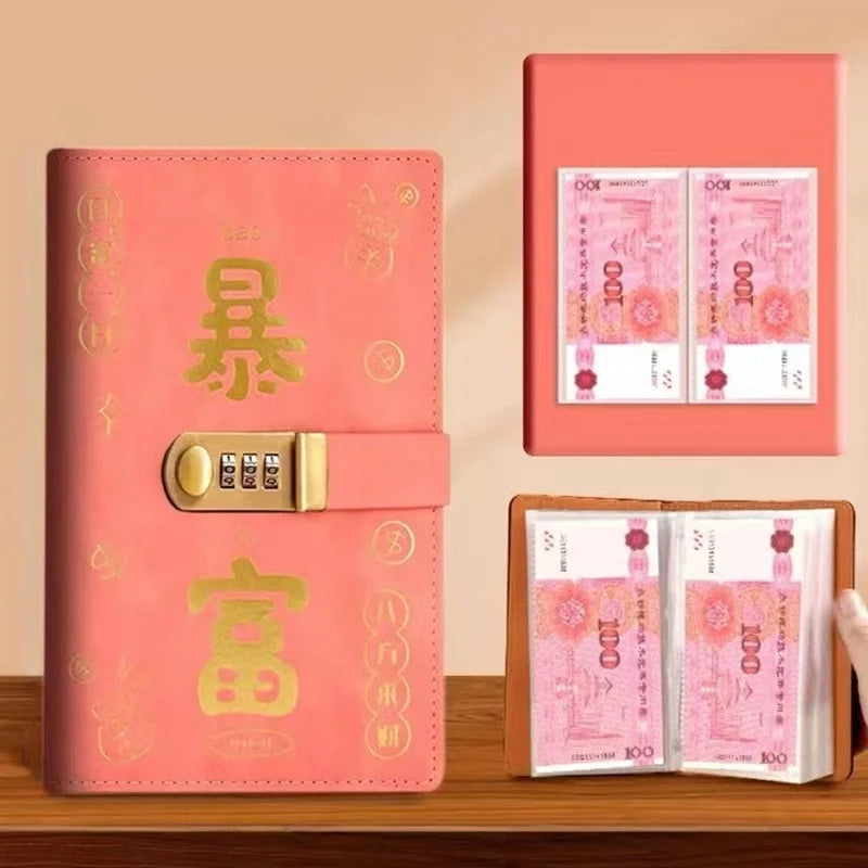 New Password Cash Storage Book Large Capacity 10000 Yuan Money Organizer New Style Bill Record Keeper Saving Folder Savings Book Peaceful Pleasures Health and Wellness Pink