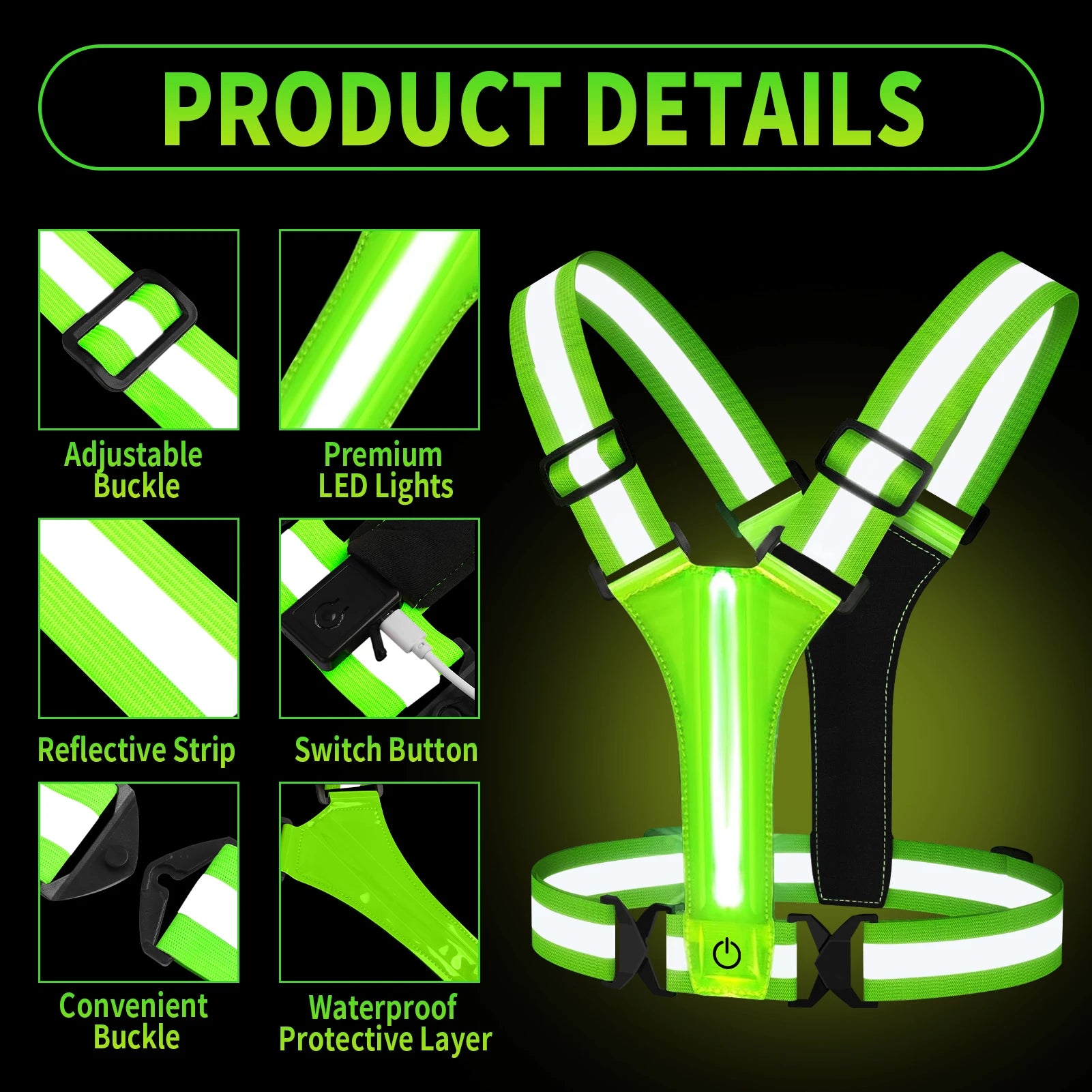 LED Reflective Vest Running Gear USB Rechargeable LED Light Up Vest High Visibility Running Lights for Jogging Running Walking Peaceful Pleasures Health and Wellness