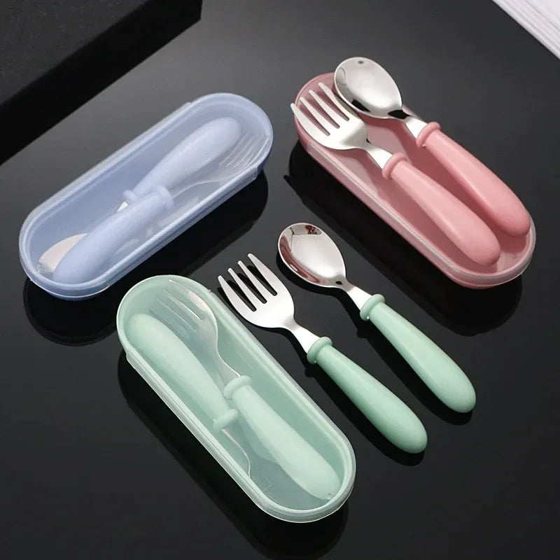 3-Piece 304 Stainless Steel Portable Cutlery Set – Fork, Spoon & Storage Box, Korean Style, Dishwasher Safe