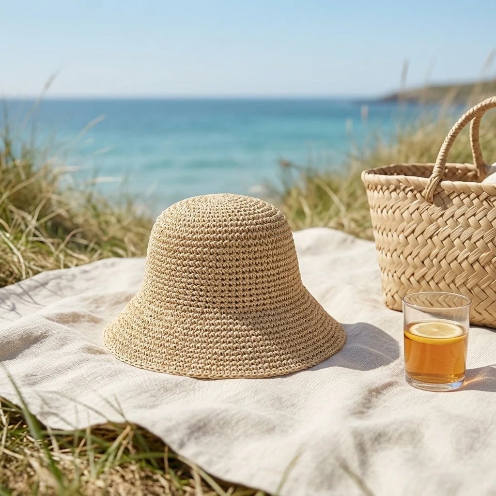 Women Foldable Straw Fisherman Hat Wide Brim for Sun-Protection Beach Travel Peaceful Pleasures Health and Wellness