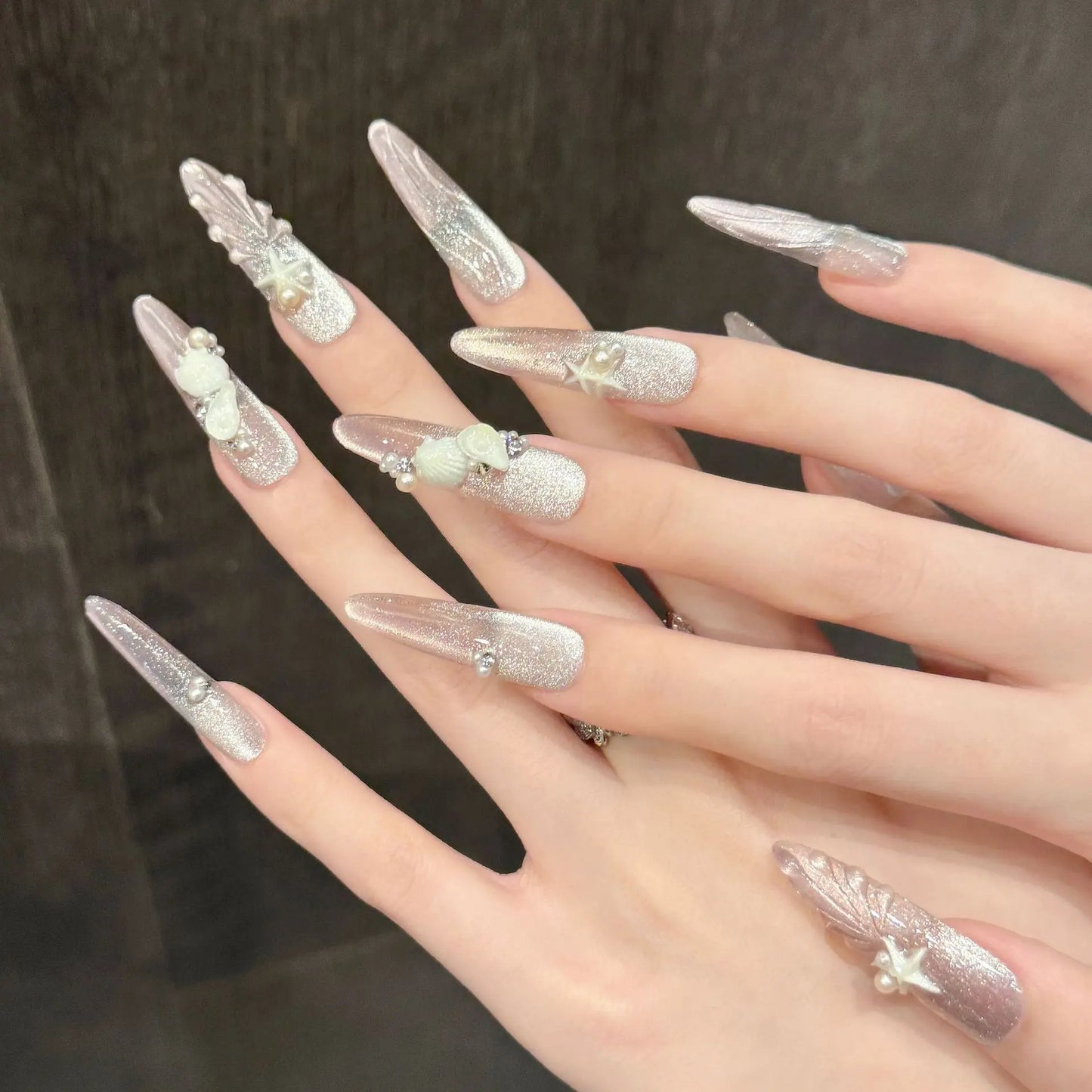 10pcs Handmade Long Oval Press on Nails Gradient Pink Cat Eye Fake Nails Wearable Detachable Ocean Shell Pearl Decor False Nails Peaceful Pleasures Health and Wellness