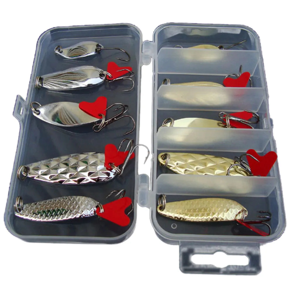 10-Piece Metal Jig Spoon Spinner Fishing Lure Set + Tackle Box Fishing Lure Set Peaceful Pleasures Health and Wellness