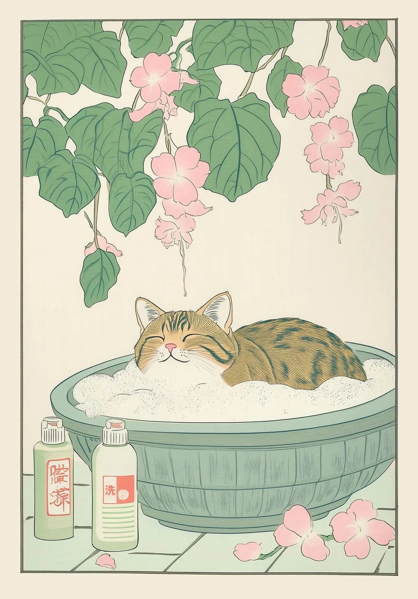 Japanese Tabby Cat in Bathtub Poster Prints Canvas Painting Retro Aesthetic Wall Art Picture Japandi Bathroom Toilet Home Decor Peaceful Pleasures Health and Wellness ZLH5537 100x150cm No Frame