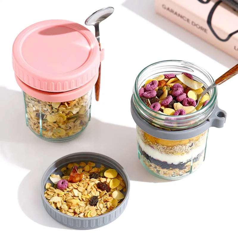 300ml Glass Overnight Oats Container with Lid & Spoon | Leak-Proof Portable Breakfast Jar