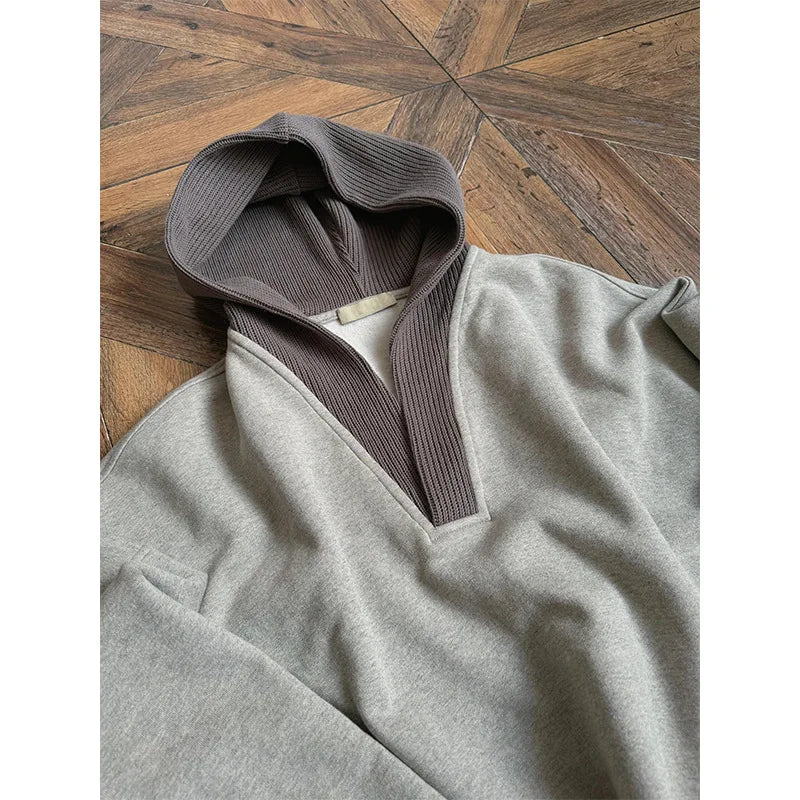 Men's Gray Loose Hooded Sweatshirt | Color-Block Casual Pullover