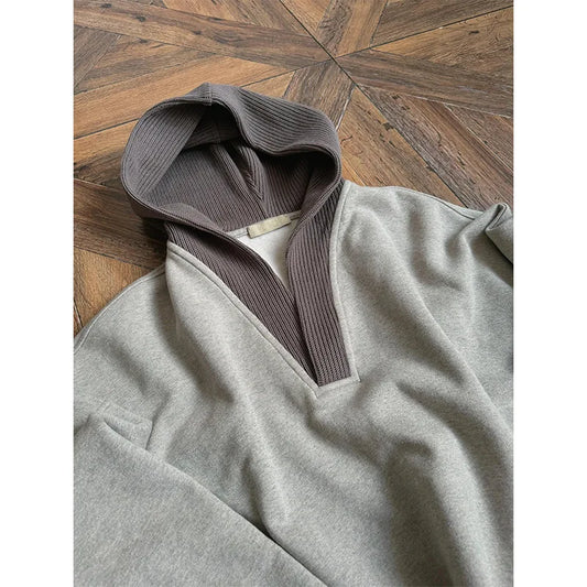 Men's Gray Loose Hooded Sweatshirt | Color-Block Casual Pullover Men's Hooded Sweatshirt Peaceful Pleasures Health and Wellness