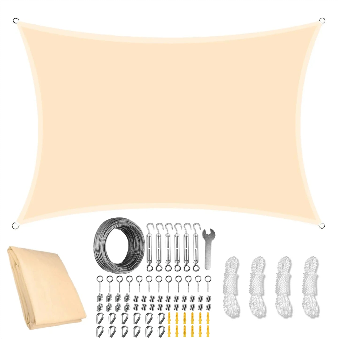 Waterproof Large Sun Shade Sail With 72pcs Hanging Hardware Kit for Outdoor Garden Patio Canopy Install Awning Sun Shelter Tent Peaceful Pleasures Health and Wellness Light Yellow 4Mx6M