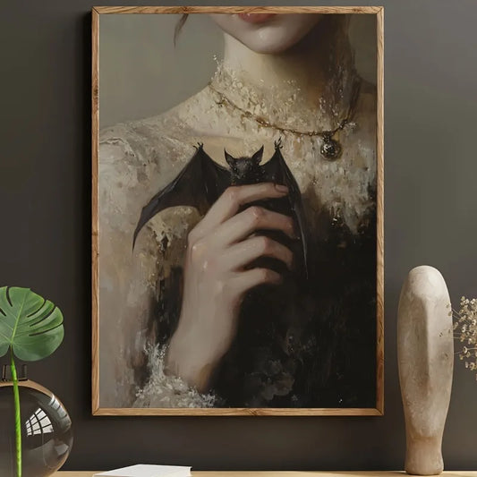 Unframed Vintage Dark Gothic Bat Poster, Girl Holding A Bat Canvas Painting, Canvas Wall arts, Artwork Wall Painting Home Decor Peaceful Pleasures Health and Wellness