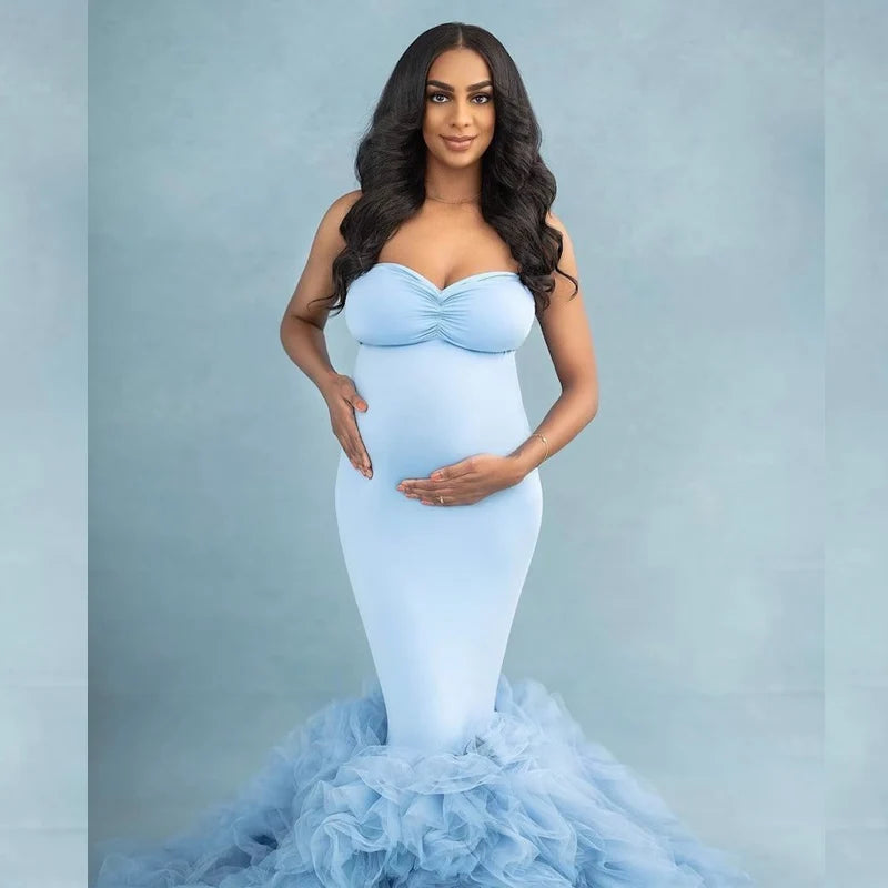 Luxury Mermaid Maternity Dress photoshoot Tulle Ruffles Front Split baby shower dresses for pregnant woman فساتين حوامل Peaceful Pleasures Health and Wellness sky blue S China Mainland