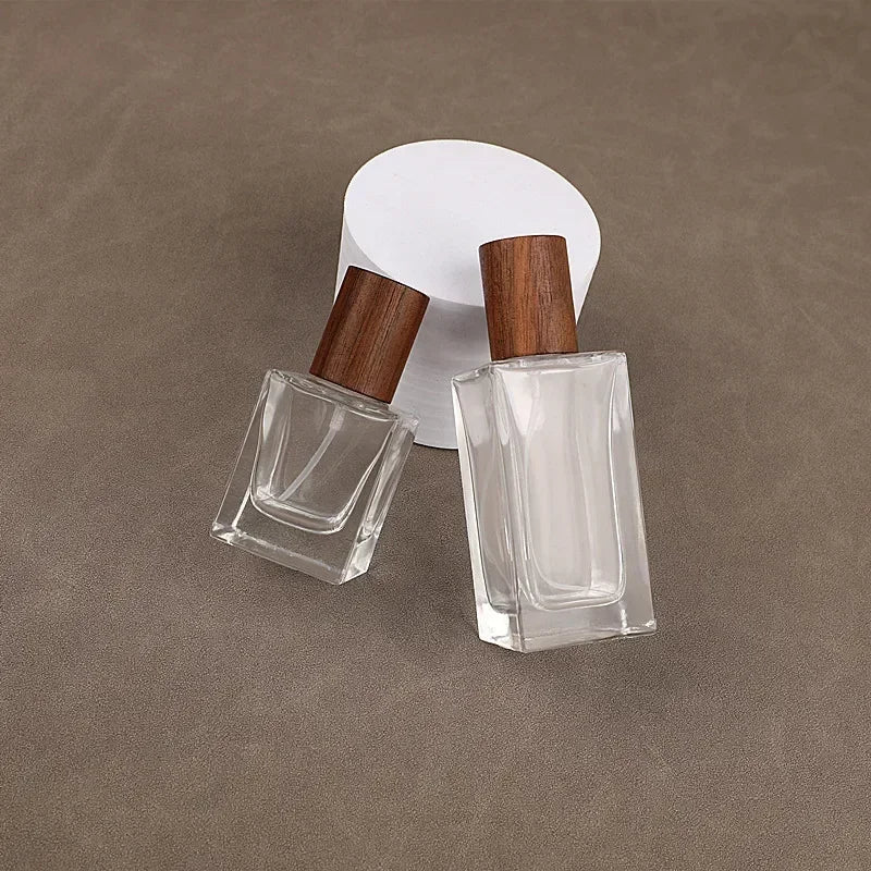 Portable Glass Spray Bottle 30ml 50ml | Refillable Wood Cap