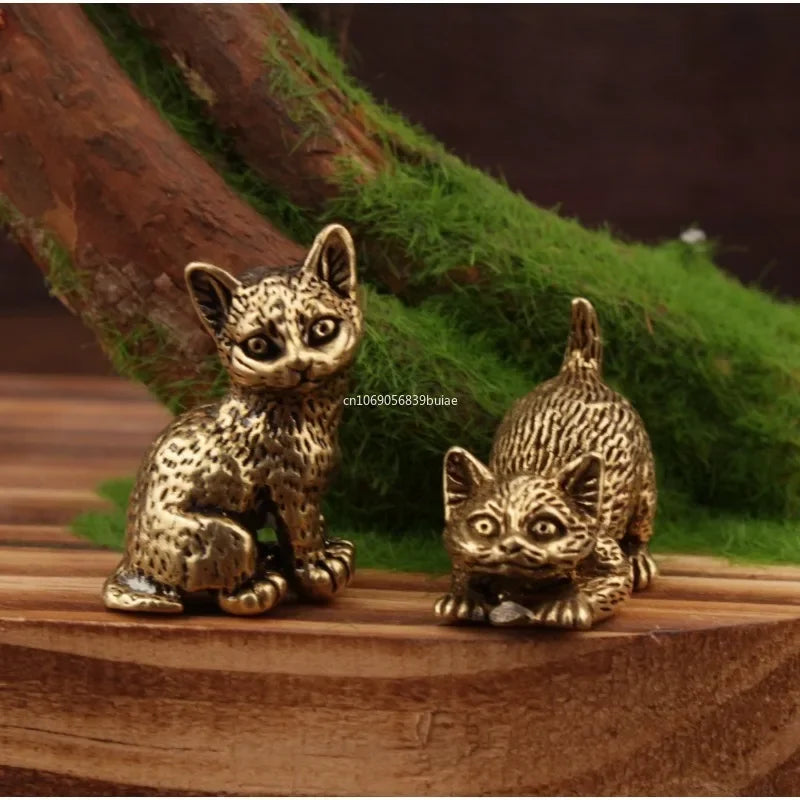 Mini Brass Cute Cats Figurines Miniatures Desktop Ornaments Classical Small Animal Tea Pet Home Decors Accessories Fairy Garden Peaceful Pleasures Health and Wellness