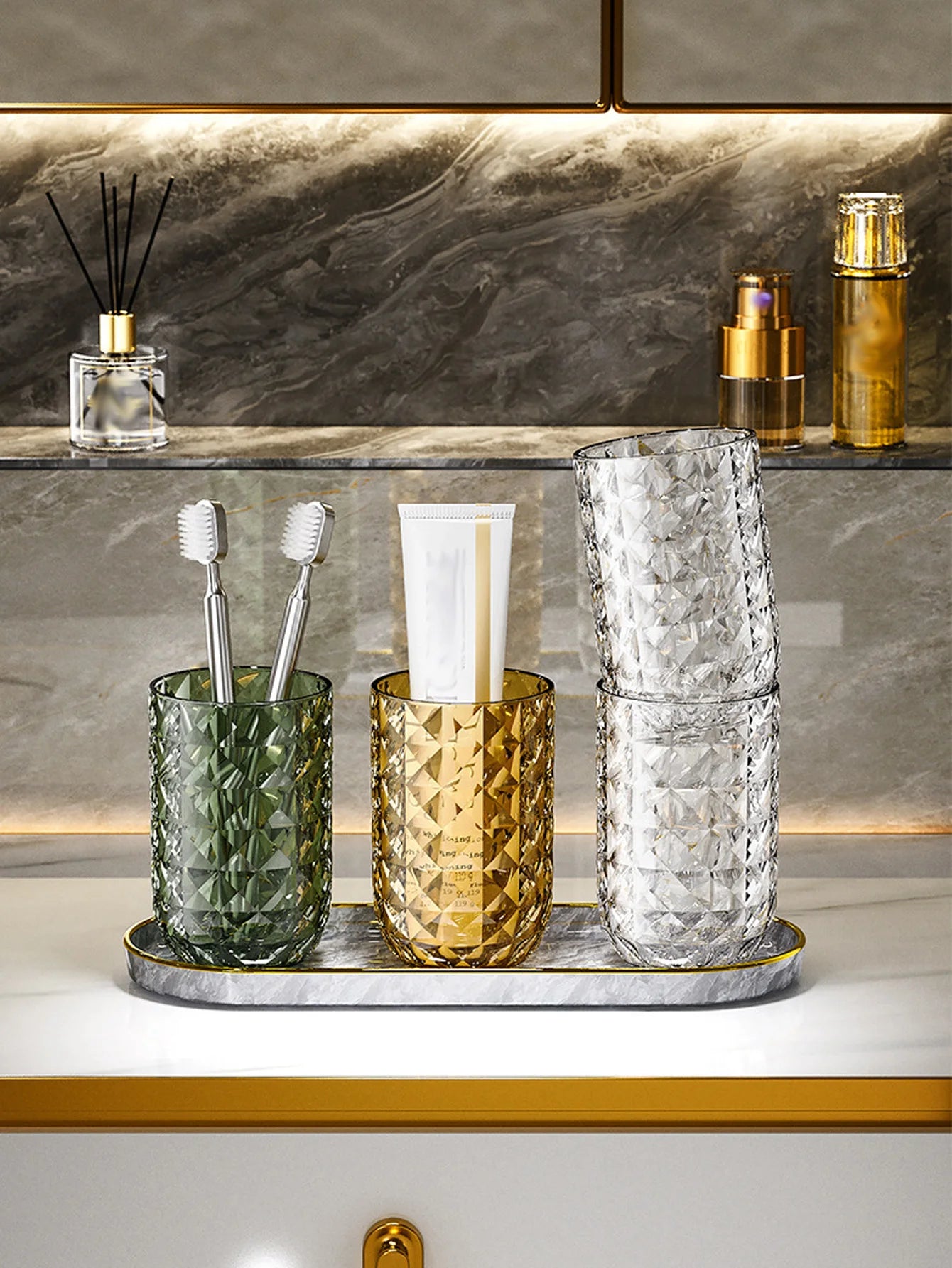 1Pcs Bathroom Cup Toothbrush Holder Stylish Geometric Design Mouthwash cup Perfect for Couples Easy to Clean & Enhances Decor Peaceful Pleasures Health and Wellness