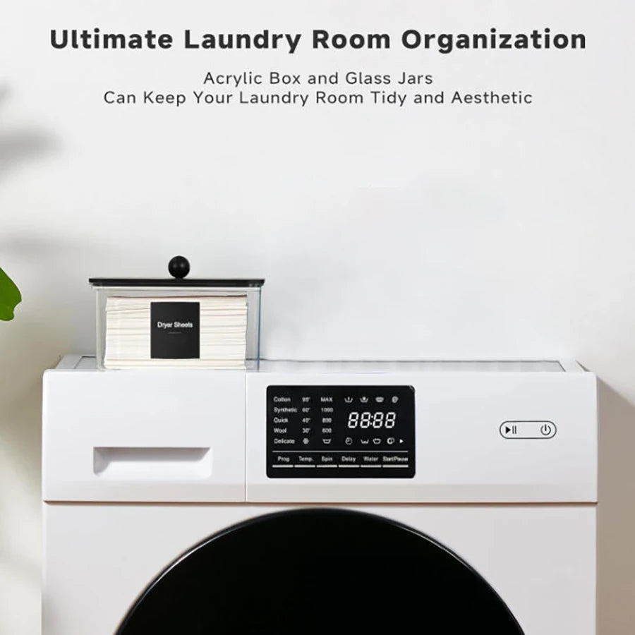 Clear Acrylic Dryer Sheet Holder with Lid & Labels – Fabric Softener Dispenser for Laundry Room Organization