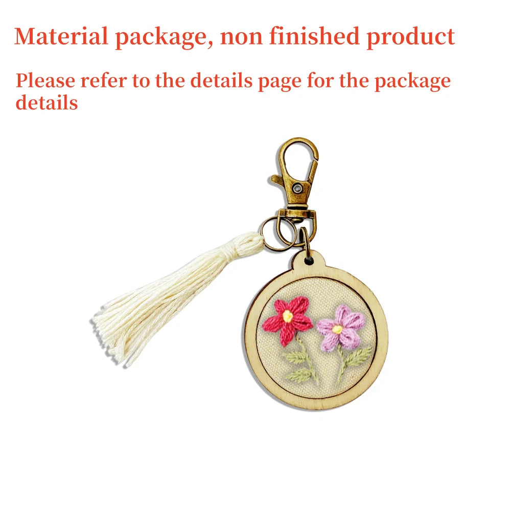 Mini Embroidery Keychain Accessory Set Embroidered Ring Frame Wooden Pendant Hand Embroidered DIY Keychain Handmade Material Kit Peaceful Pleasures Health and Wellness 6