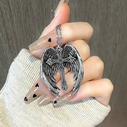 Angel Wings Cross Pendant Necklace | Unisex Gothic Punk Jewelry Pendant Necklace Peaceful Pleasures Health and Wellness