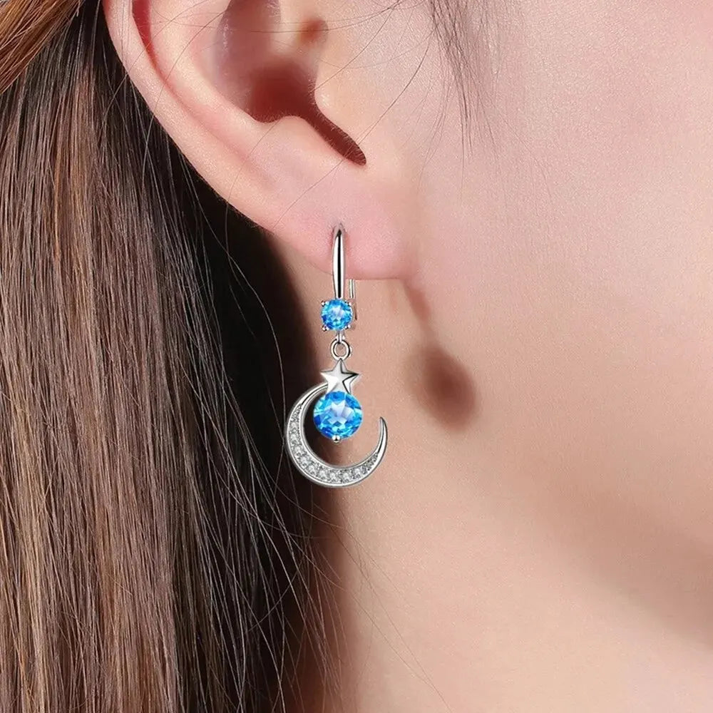 Star & Moon Dangle Earrings | Crystal Drop Pink Blue White