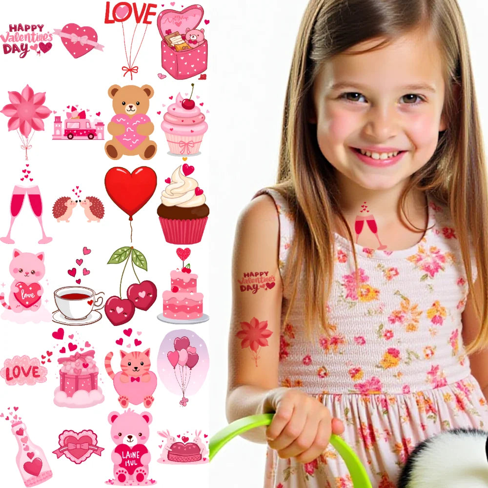 63pcs Waterproof Temporary Tattoo Stickers – Hearts, Bears & Balloons