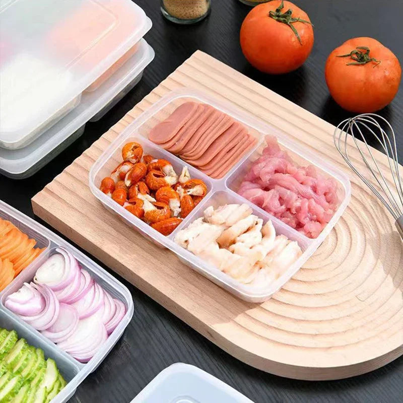Refrigerator Storage Box Packed Meal Crisper Food Grade Sealed Food Frozen Meat Four-Compartment Refrigerated Storage Peaceful Pleasures Health and Wellness