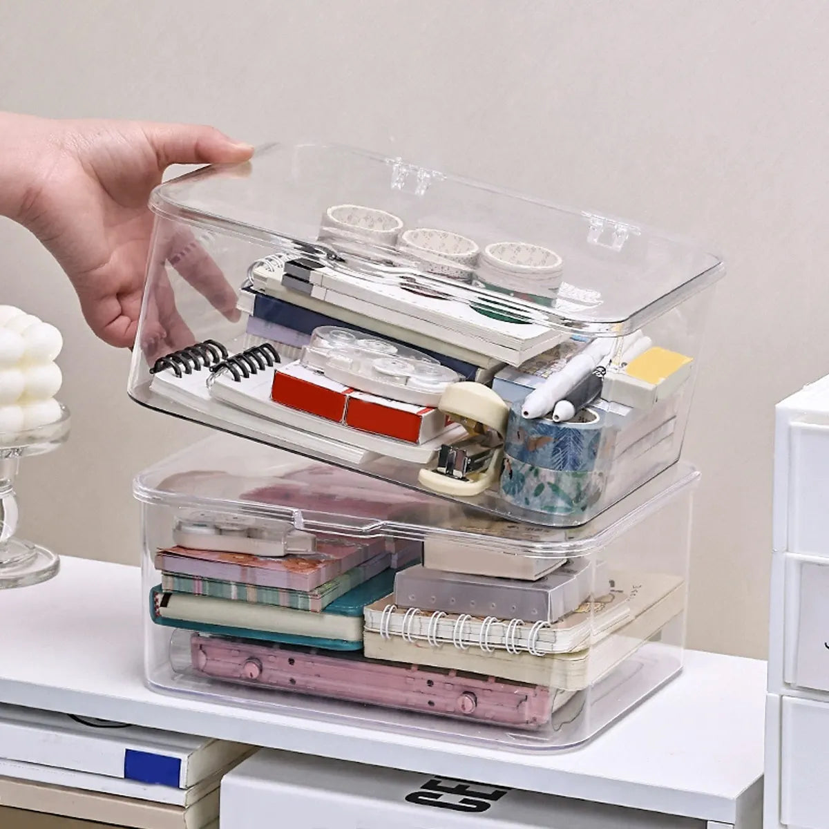 Flip Top Clear Plastic Storage Box | Desktop Organizer