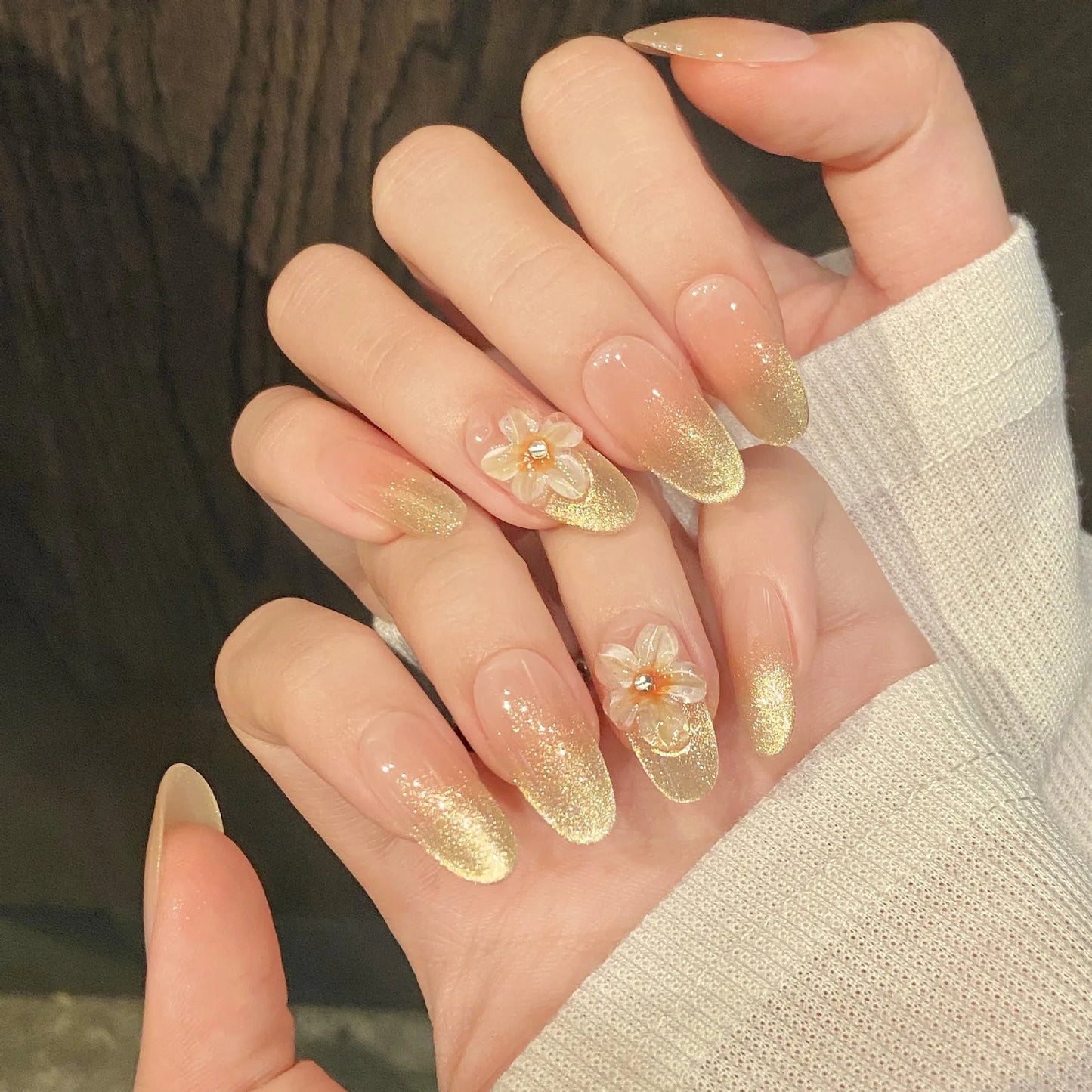 10pcs Handmade Press on Nails Gradient Gold Cat Eye Round Head Fake Nails with Yellow Flower Wearable Reusable False Nail Tips Peaceful Pleasures Health and Wellness M