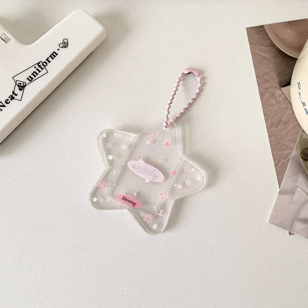 Glitter Five-pointed Star Hard Card Holder One-inch Student ID Photo Decorative Pendant New Acrylic Keychain Pendant Card Holder Peaceful Pleasures Health and Wellness Transparent-Pink