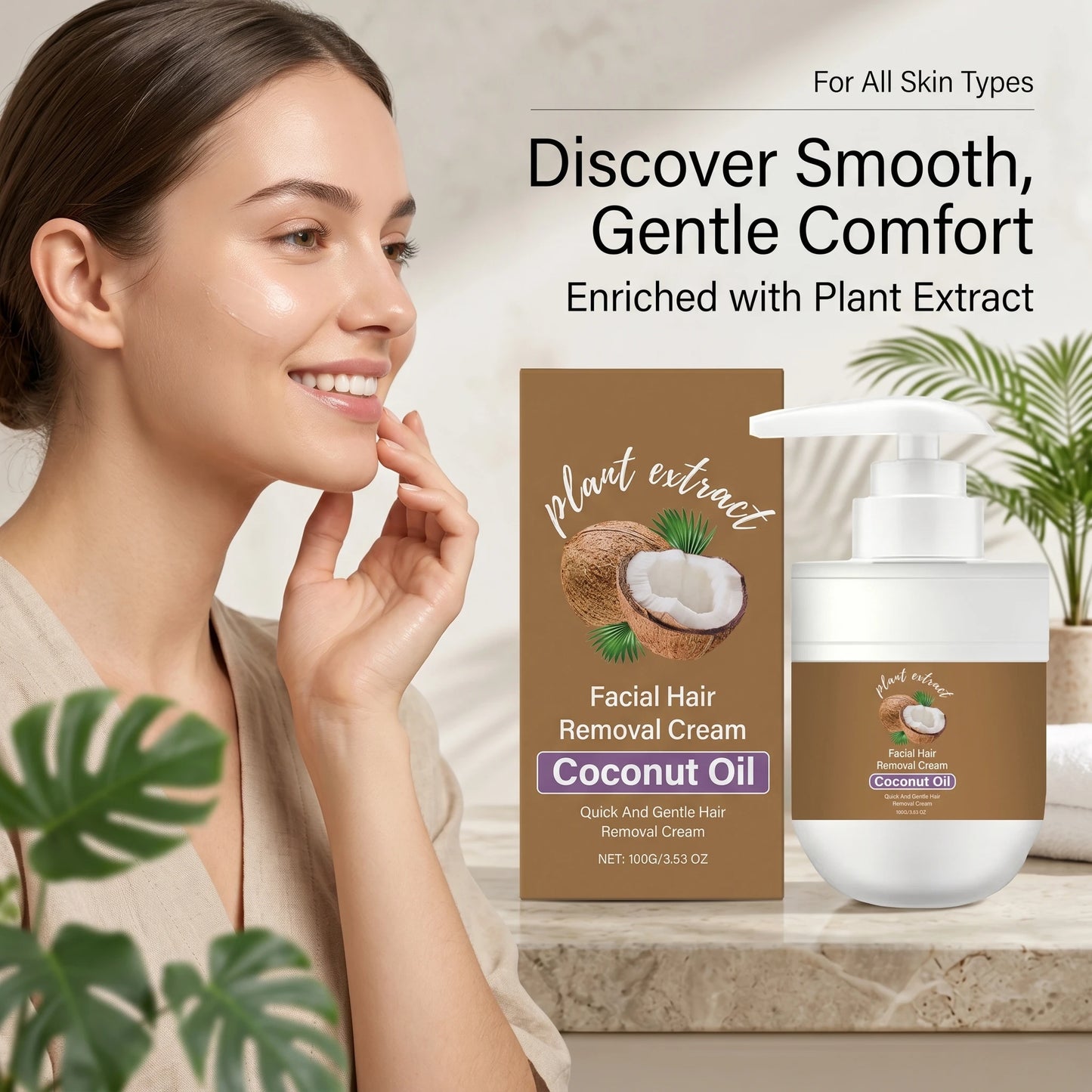 Coconut Oil Facial Hair Removal Cream 100g Painless Depilatory Cream for Face Upper Lip Chin Moisturizing Smoothing Hair Remover Peaceful Pleasures Health and Wellness