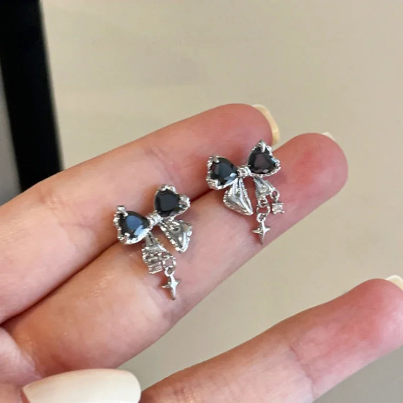 Japanese Korean Style Sweet Bow Zircon Earrings Women Niche Design Premium Jewelry Fashion Temperament Trendy Accessories Gift Peaceful Pleasures Health and Wellness Black