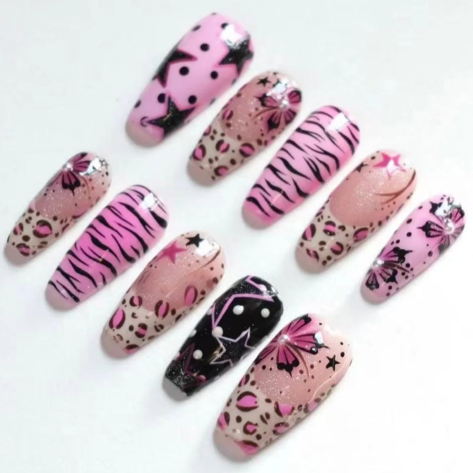 24pcs Women's False Nails Y2k Five-pointed Star 3D Pearl Decorated Fake Nails For Spicy Girl Leopard Print Flower Manicure Art Peaceful Pleasures Health and Wellness