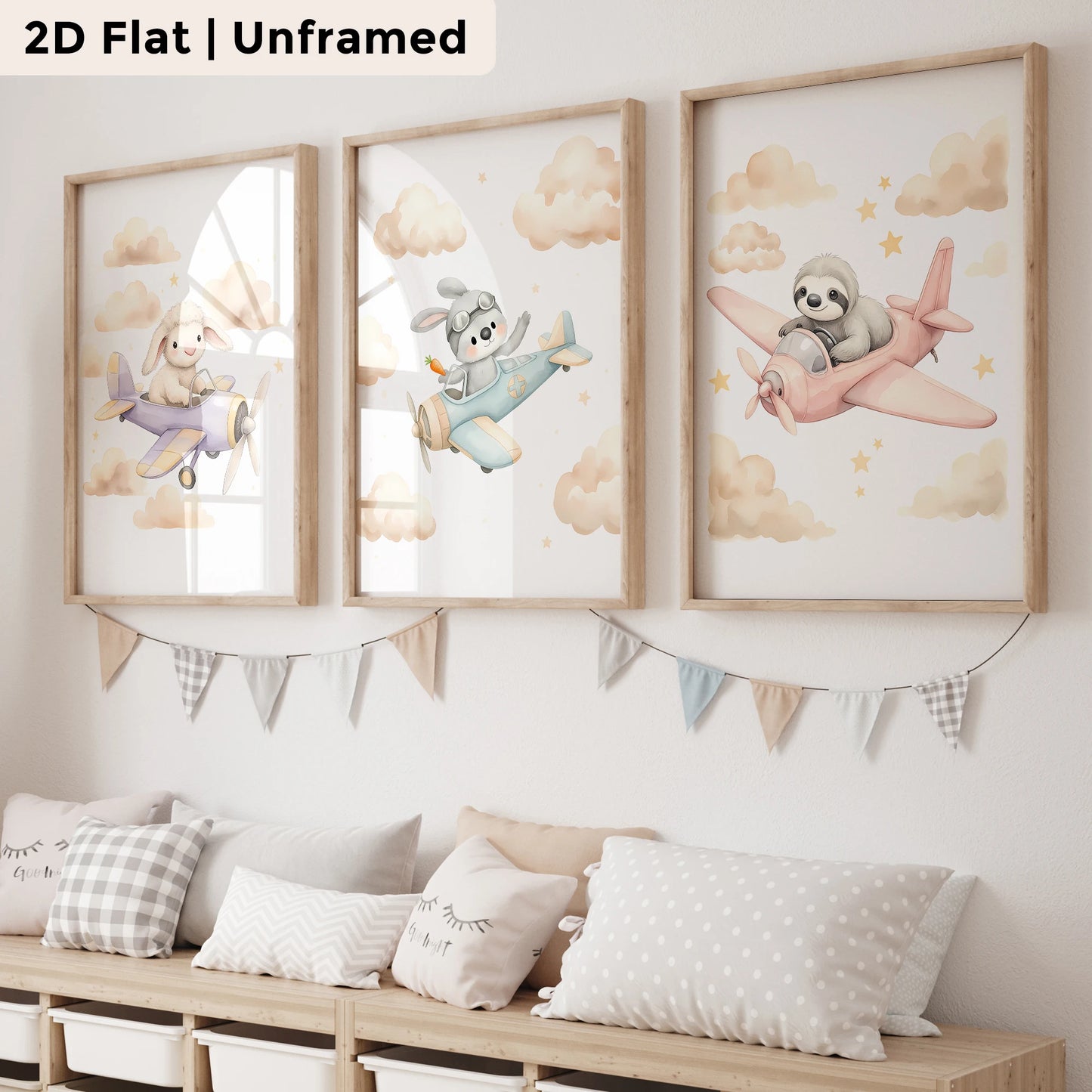 3-Piece Cartoon Canvas Wall Art | Airplane Rabbit Sheep Print