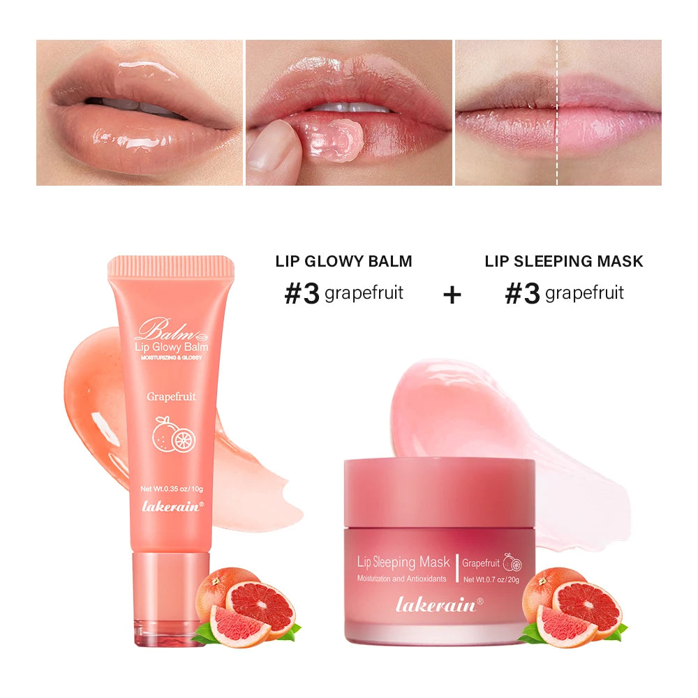 Moisturizing Lip Care Kit Lip Glowly Balm Sleeping Lip Mask Deep Hydrate Night Sleep Mask Reduce Lip Lines Remove Dead Skin Peaceful Pleasures Health and Wellness grapefruit