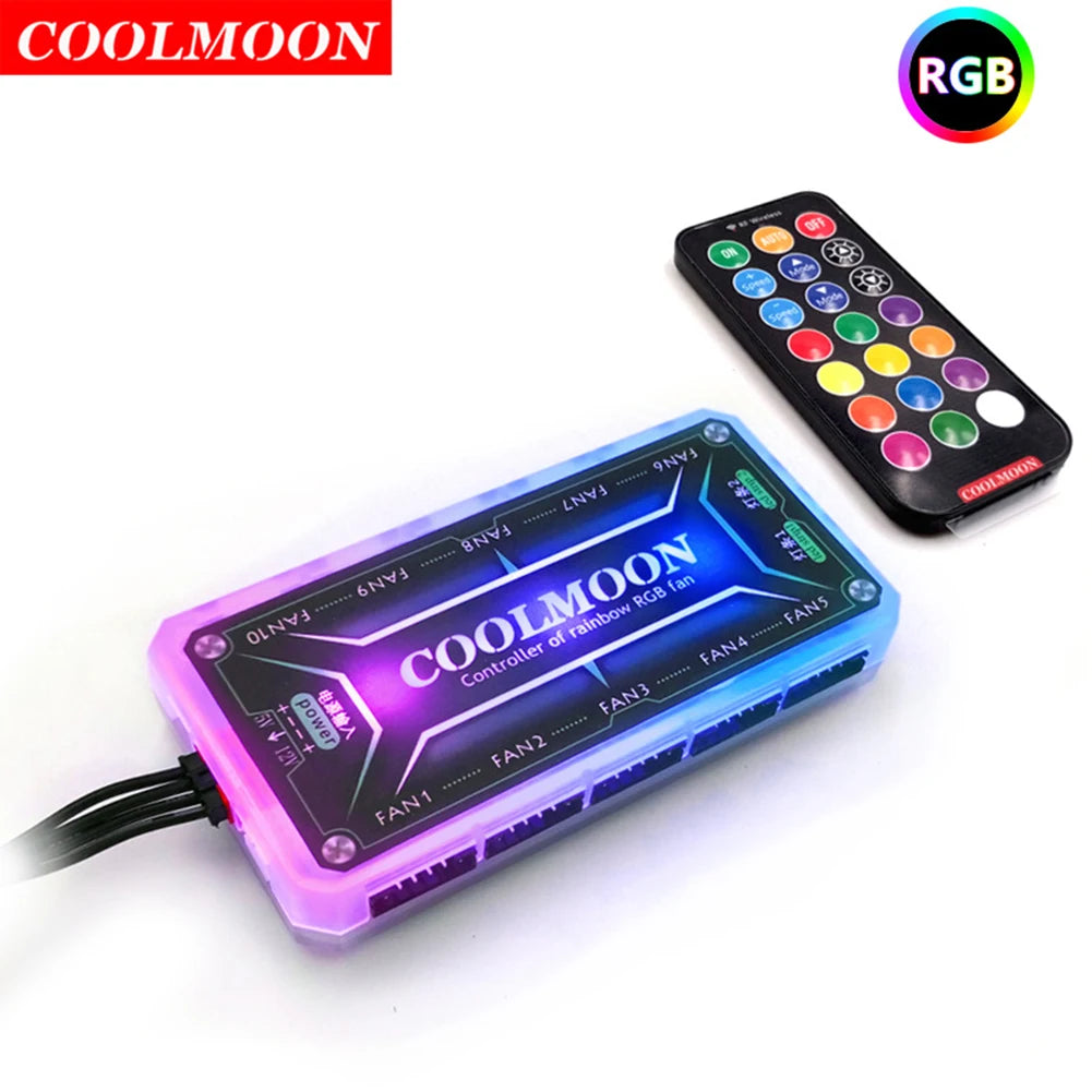 COOLMOON RGB Remote Controller DC12V 5A LED Color Intelligent Fan Controller With 10pcs 6-pin Fan Port 2pcs 4-pin Light Bar Port Peaceful Pleasures Health and Wellness